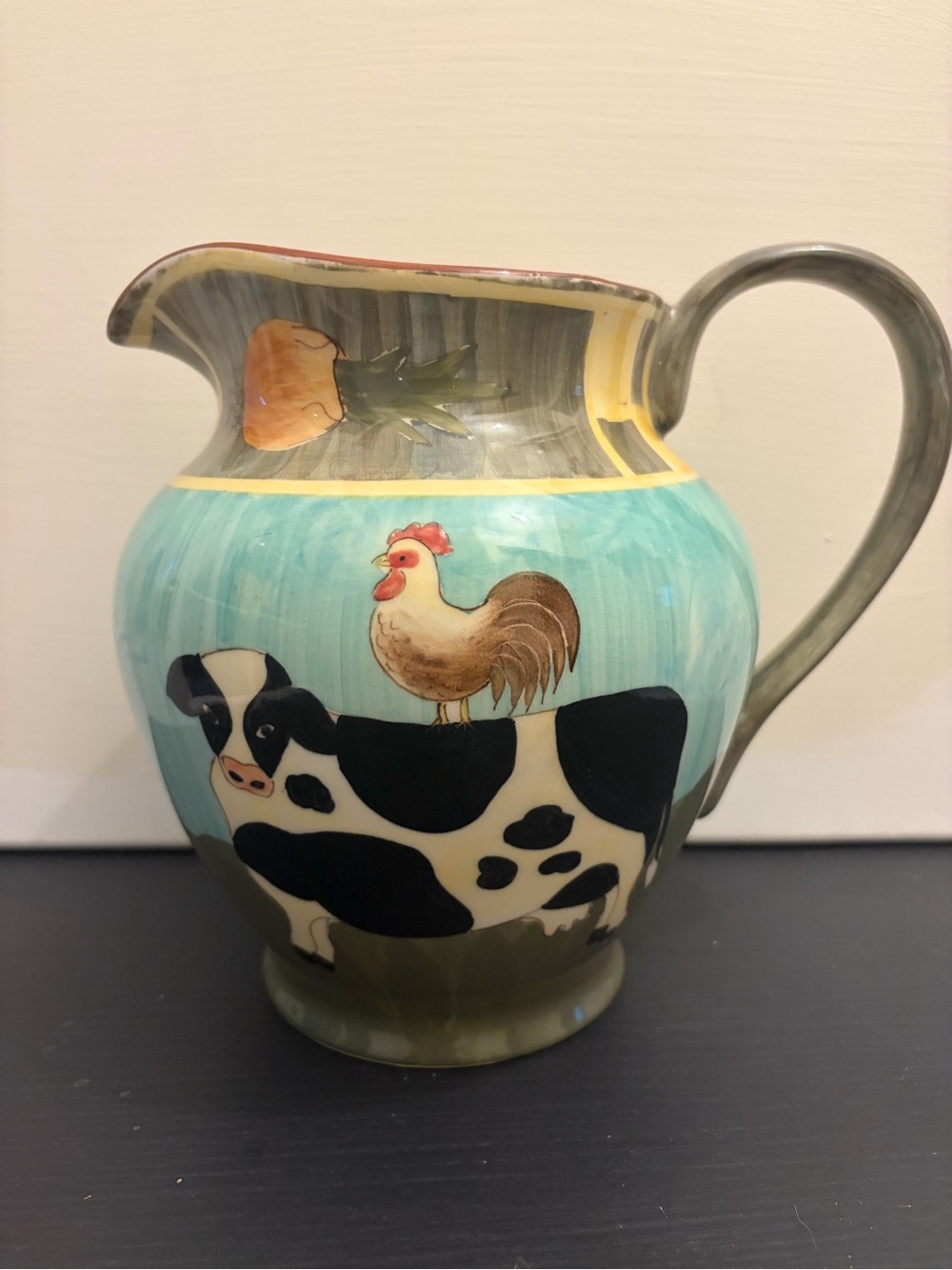 Eddie Bauer Farmyard Ceramic Pitcher Cow Rooster in Aqua